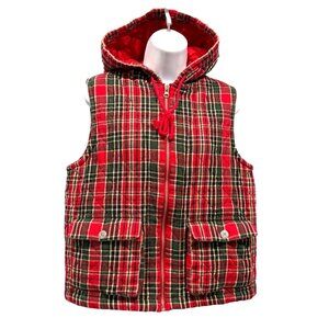 VTG Jones New York Quilted Plaid Vest Zip Up Hooded Chore Preppy Outdoor Size M